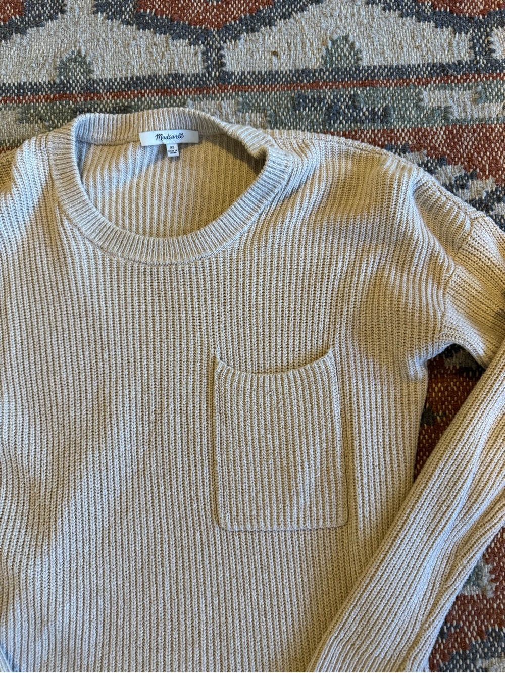 Madewell Beige/Cream Ribbed Crewneck Sweater with Front Pocket